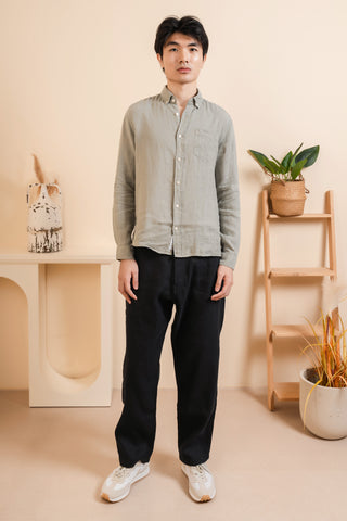 Edmmond Studios - Long Sleeve Button Down Collar Linen Shirt in Taupe