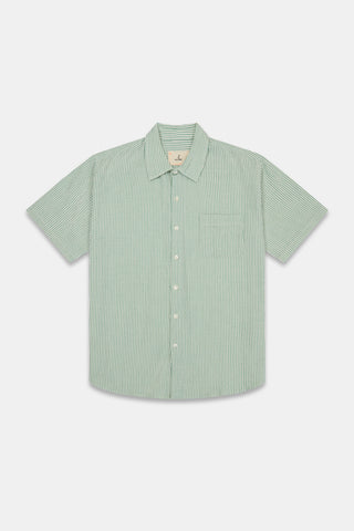 La Paz Roque Short Sleeve Linen Seersucker Shirt in Green Stripes