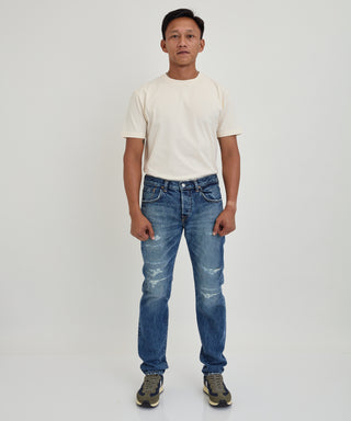 Edwin Japan Regular Tapered Denim - Mid Washed - Indigo - Ripped